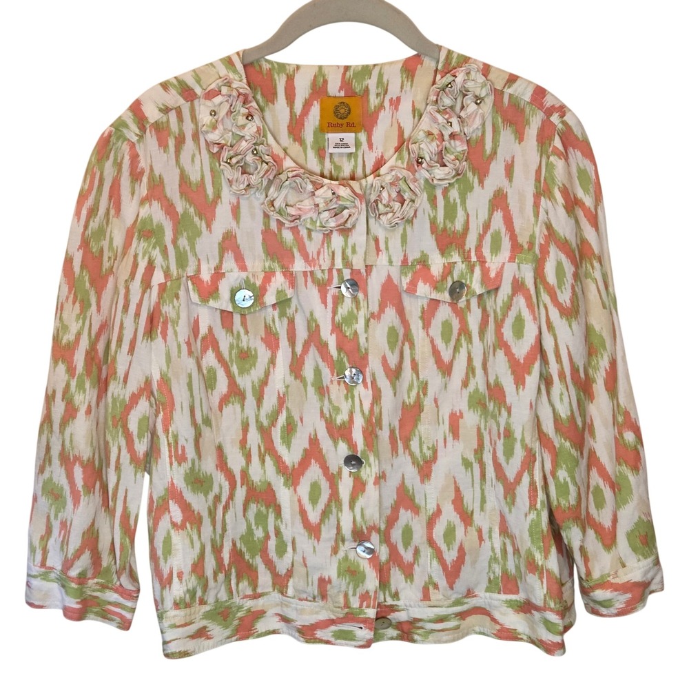 Ruby Rd Womens Linen Blend Ikat Print Jacket Rosette Collar Coral Green Size 12